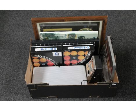 A box of two sets of billiard balls, miniature slot machine, electronic Red Bull sign etc 