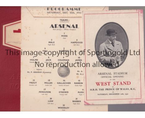 ARSENAL V CHELSEA 1932 / OPENING OF THE WEST SAND AT HIGHBURY     Red cover brochure and 4 page programme for the League matc