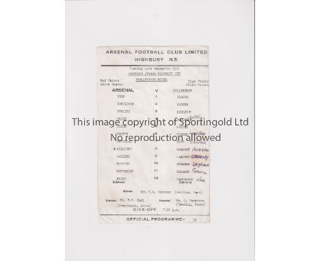 ARSENAL     Single sheet programme for the home SJFC tie v Gillingham 14/9/1971, creased, team changes and slightly marked.  