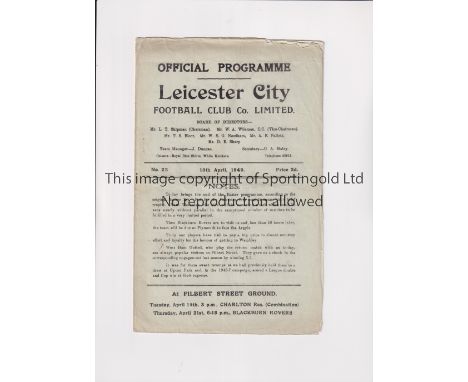 1949 LEICESTER CITY V WEST HAM UNITED   Programme for the match at Leicester on 18/4/1949. Slight fold.   Generally good