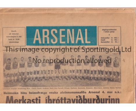 ARSENAL       Icelandic newspaper for the away Friendly v Iceland XI 4/5/1969, slightly worn.      Fair to generally good