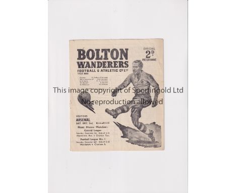 ARSENAL     Programme for the away League match v Bolton Wanderers 2/12/1950, slightly creased.    Generally good