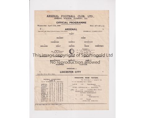 ARSENAL     Single sheet programme for the home Football Combination match v Leicester City 27/4/1949, folded.      Generally