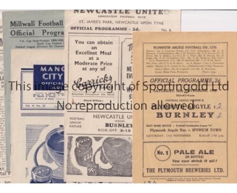 BURNLEY    Eight programmes for away matches in season 1946/7 v Plymouth, score on the cover and team change, Newcastle sligh
