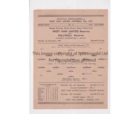 WEST HAM UNITED V MILLWALL 1952     Single sheet programme for the Combination match at West Ham 1/12/1952. Programme No. 29.