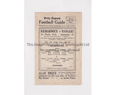 KILMARNOCK V RANGERS 1929       Daily Express Football Guide programme for the League match at Kilmarnock 21/9/1929. Creased.