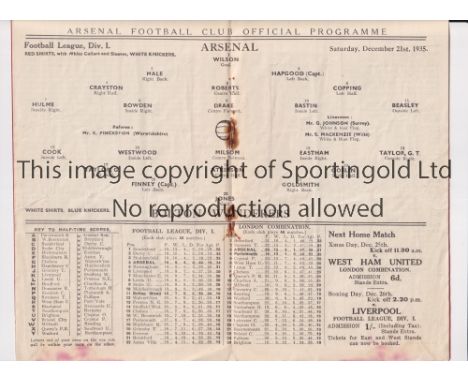 ARSENAL V BOLTON WANDERERS 1935 POSTPONED      Programme for the League match scheduled for 21/12/1935, slightly water staine