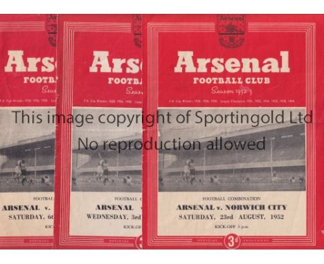 ARSENAL     Complete set of 23 home 4 page programme for season 1952/3, most are creased and some have team changes and score