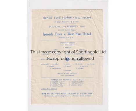 1951 IPSWICH TOWN V WEST HAM UNITED    Large single sheet for the Eastern Counties League match at Ipswich on 3/2/1951. Folds