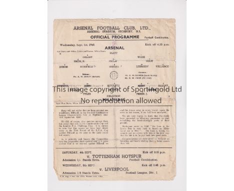 ARSENAL     Single sheet programme for the home Football Combination match v Millwall 1/9/1948, folded and worn.   Poor to fa