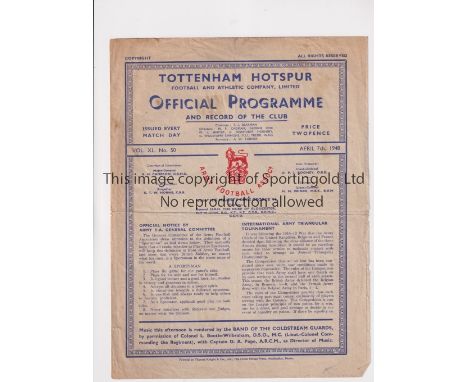 BRITISH ARMY V FRENCH ARMY1948 AT TOTTENHAM HOTSPUR          Programme for the match at Tottenham 7/4/1948, creased, slightly