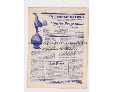 TOTTENHAM HOTSPUR     Programme for the home Eastern Counties League match v Norwich City ‘A’ 22/11/1952, slightly creased.  