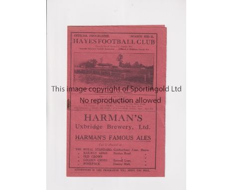 HAYES V ILFORD 1930 FRIENDLY     Programme for the match at Hayes 30/8/1930, rusty staple.     Generally good