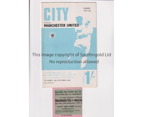 MANCHESTER UNITED       Programme and ticket for the away League match v Manchester City 30/9/1967, team changes.       Gener