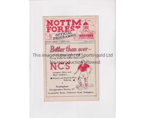 1952 NOTTINGHAM FOREST V LEEDS UNITED   Programme for the match at Nottingham Forest on 11/4/1952.   Good