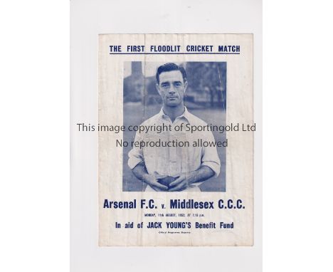 ARSENAL     Programme for the first floodlit cricket match at Highbury 11/8/1952 for Jack Young's benefit fund, Arsenal v Mid