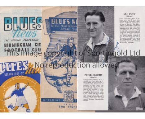 BIRMINGHAM CITY / AUTOGRAPHS      Six home programmes for the League matches v Huddersfield Town 13/11/1948, vertical crease,