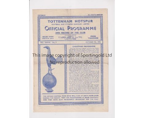 1946 TOTTENHAM HOTSPUR V NEWPORT COUNTY   Programme for the scarce midweek match at Tottenham on 7/10/1946. Folds.   Generall