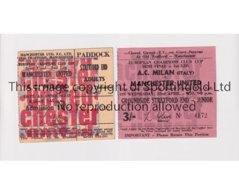 MANCHESTER UNITED       Two tickets for the European Cup Semi-Final ties v AC Milan, 23/41969, 1st Leg, Live from Milan via C