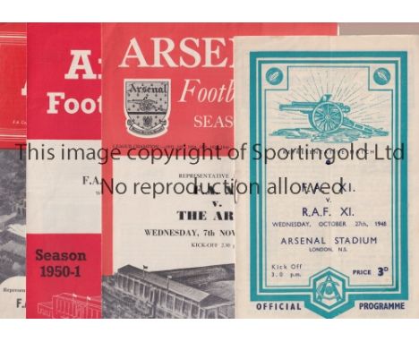 F.A. XI AT ARSENAL F.C.      Four programmes v RAF XI 48/9 and 54/5, slightly creased and v The Army 1950/1, scores entered a