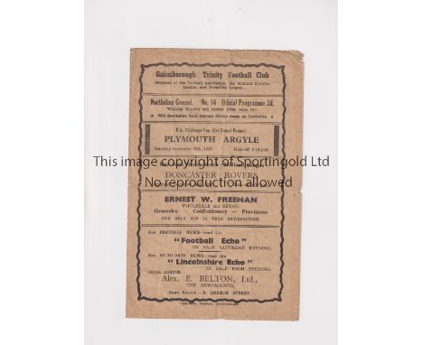 GAINSBOROUGH TRINITY V PLYMOUTH ARGYLE 1950 FA CUP    Programme for the tie at Gainsborough 25/11/1950, creased and worn.    