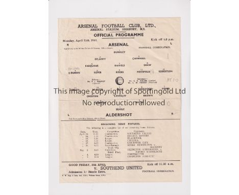 ARSENAL     Single sheet programme for the home Football Combination match v Aldershot 11/4/1949, slightly creased.      Gene