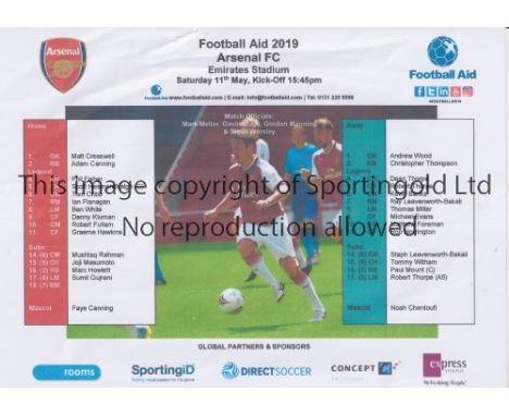 FOOTBALL AID MATCH AT ARSENAL F.C.    Single sheet programme for 11/5/2019, slightly creased.     Generally good