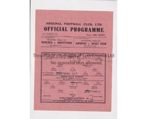 ARSENAL      Single sheet programme for the home FL South match v Wolves 29/12/1945, slightly creased, team changes and score