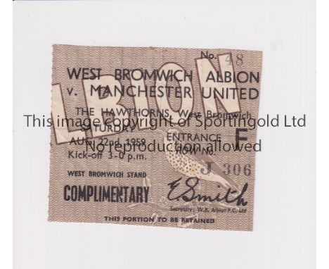 MANCHESTER UNITED           Ticket for the away match v West Bromwich Albion 22/8/1959, creases, wear to the back.         Ge