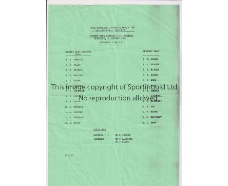 ARSENAL     Single sheet programme for the away SJFC tie v QPR 6/1/1983, slightly creased.       Generally good