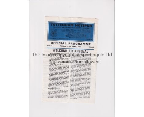 TOTTENHAM HOTSPUR V ARSENAL 1974 FA YOUTH CUP SEMI-FINAL     Programme for the 1st Leg at Tottenham 9/4/1974, slightly crease