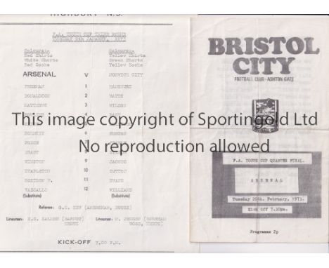 ARSENAL     Two programmes for FA Youth Cup ties in season 1972/3, home v Norwich City 9/1/1973, single sheet slightly crease