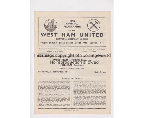 WEST HAM UNITED V FULHAM 1954     Programme for the Combination Cup tie at West Ham 2/9/54.     Good