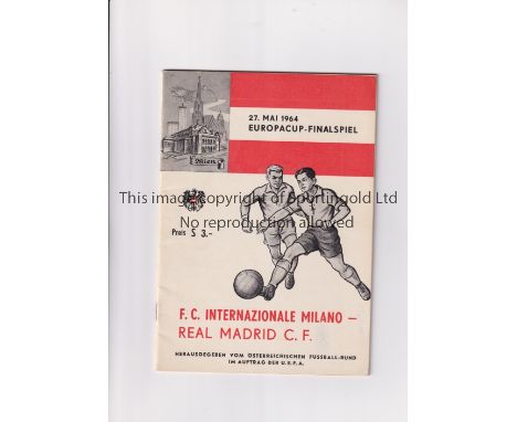 1964 EUROPEAN CUP FINAL / REAL MADRID V FC INTER MILAN      Programme and 4 page insert for the European Cup Final tie at Pra