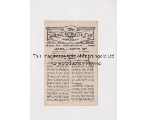 ARSENAL     Programme for the home Friendly v Leicester City 29/3/1947, slightly creased and scores entered.     Generally go