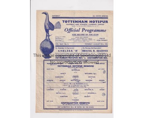 TOTTENHAM HOTSPUR      Single sheet programme for the home Combination match v Southampton  27/8/1951, SS No.5. Slightly crea