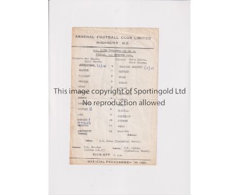 ARSENAL     Single sheet programme for the home FA Youth Cup tie v Charlton Athletic 3/12/1968, folded, scores entered and te