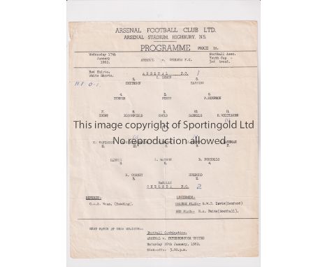 ARSENAL V CHELSEA 1962    Single sheet programme for the home FA Youth Cup tie at Arsenal 17/1/1962, slightly creased and sco