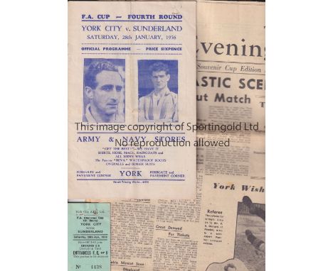 1956 YORK CITY V SUNDERLAND FA CUP   Programme, match ticket and press cuttings for the FA Cup match at York on 28/1/1956. Sl