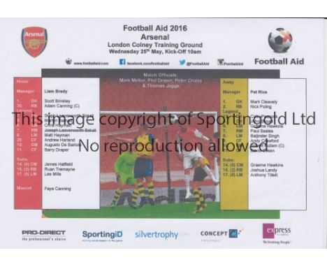 FOOTBALL AID MATCH AT ARSENAL F.C.    Single sheet programme for 25/5/2016, slightly creased.     Generally good