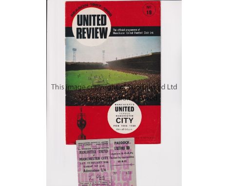 MANCHESTER UNITED         Programme and ticket for the home postponed League match v Manchester City 10/2/1968, slight crease