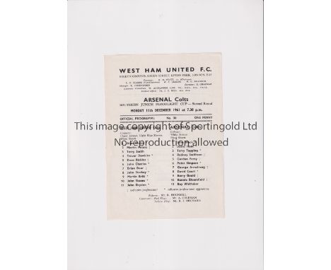 ARSENAL     Single sheet programme for the away SJFC tie v West Ham United 11/12/1961.     Good