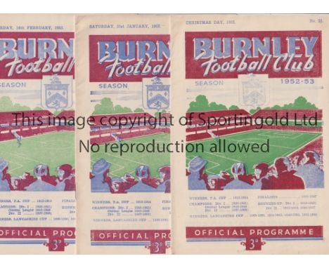 BURNLEY     Three home programmes for the 1952/3 season v Liverpool, staple removed, Sunderland FA Cup scores entered and Ars