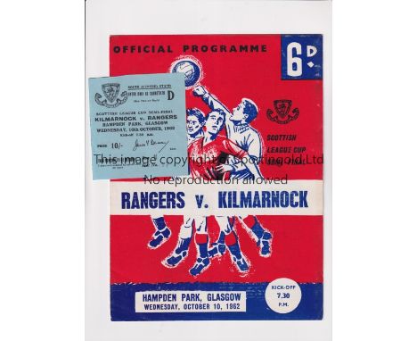 1962 KILMARNOCK V RANGERS   Programme and ticket for the Scottish Cup semi final between Kilmarnock and Rangers on 10/10/1962