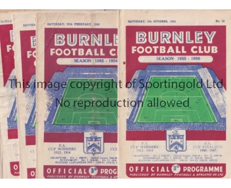 BURNLEY     Five home programmes for season 1955/6 v Huddersfield, Cardiff, slightly creased, staple removed, team changes an