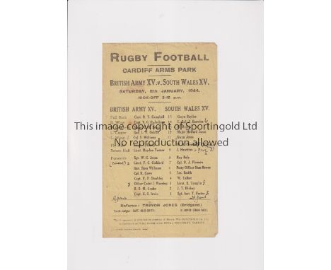 RUGBY UNION 1944 SOUTH WALES V BRITISH ARMY   Single sheet for the match at Cardiff on 8/1/1944. Folds and scorers noted.   F