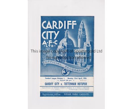 TOTTENHAM HOTSPUR     Programme for the away League match v Cardiff City 23/4/1956.     Generally good