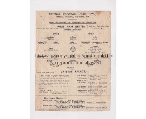 1946 LONDON CHALLENGE CUP FINAL AT ARSENAL / WEST HAM UNITED V CRYSTAL PALACE     Single sheet programme for the match at Hig