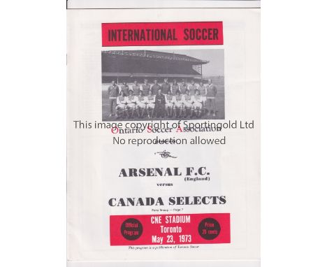 ARSENAL     Programme for the away Friendly v Canada Selects 23/5/1973 in Toronto.    Good