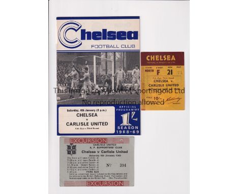 CHELSEA      Programme, ticket, with tape mark on the edge and Carlisle Supporters' Club itinerary for the FA Cup tie at Chel